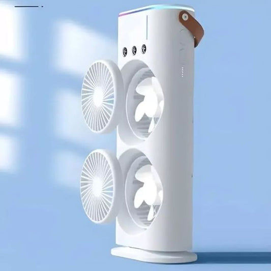 Portable Double Fan Air Cooler with Mist Humidifier & LED Lighting | Rechargeable Mini Table Cooling Fan for Home & Office